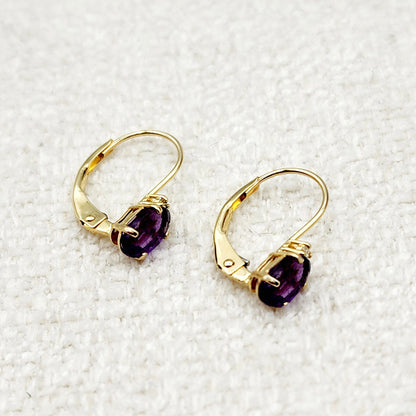 14K Yellow Gold Leverback Amethyst Earrings, Gold Earrings with Genuine Gemstone 6x4mm and Diamonds, February Birthstone Gift for Her