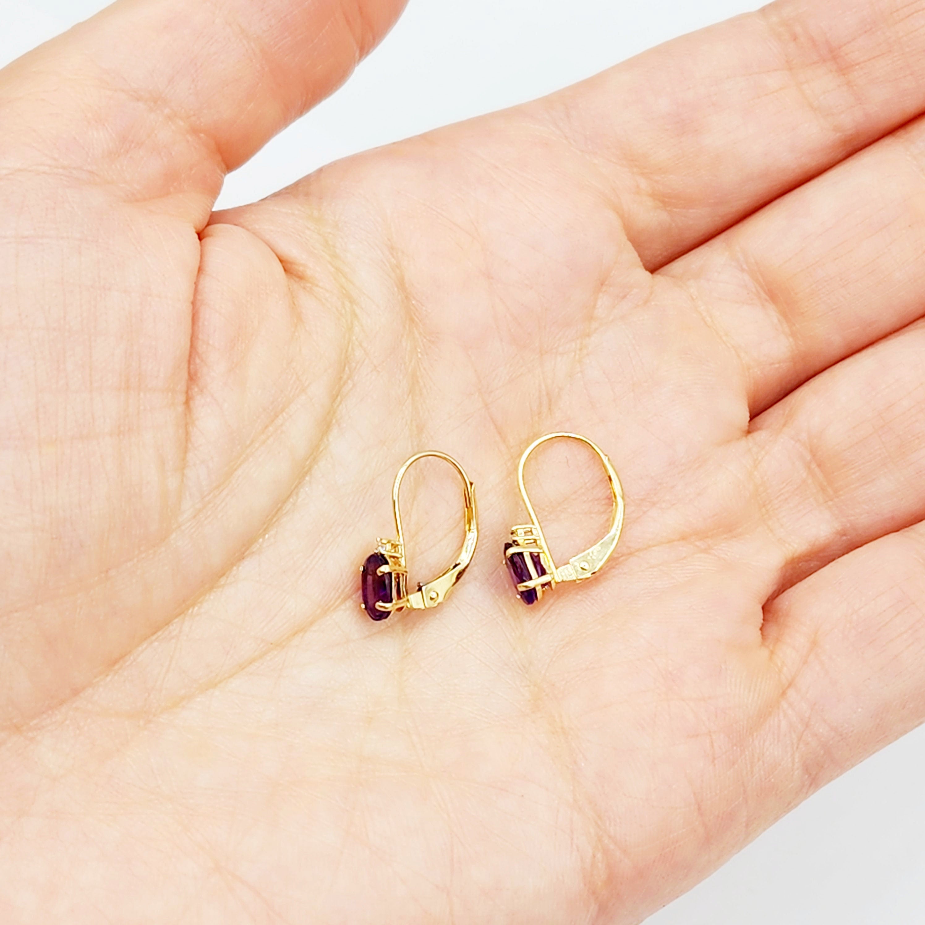14K Yellow Gold Leverback Amethyst Earrings, Gold Earrings with Genuine Gemstone 6x4mm and Diamonds, February Birthstone Gift for Her