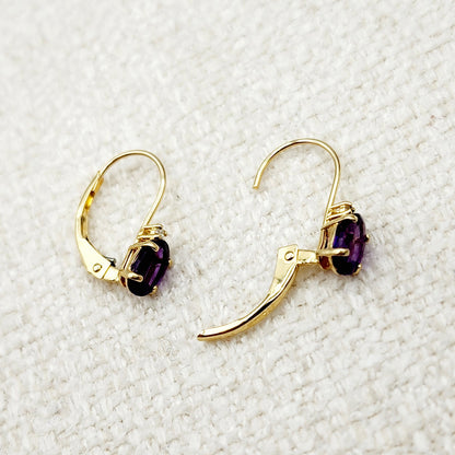 14K Yellow Gold Leverback Amethyst Earrings, Gold Earrings with Genuine Gemstone 6x4mm and Diamonds, February Birthstone Gift for Her