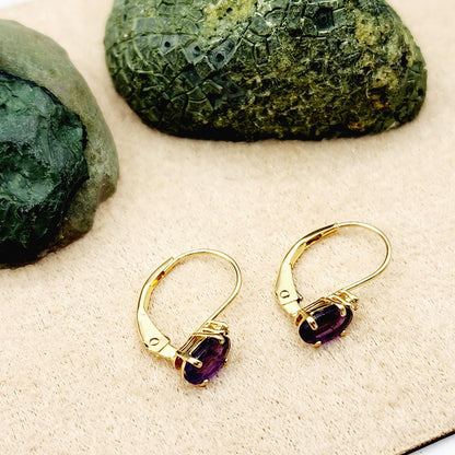 14K Yellow Gold Leverback Amethyst Earrings, Gold Earrings with Genuine Gemstone 6x4mm and Diamonds, February Birthstone Gift for Her