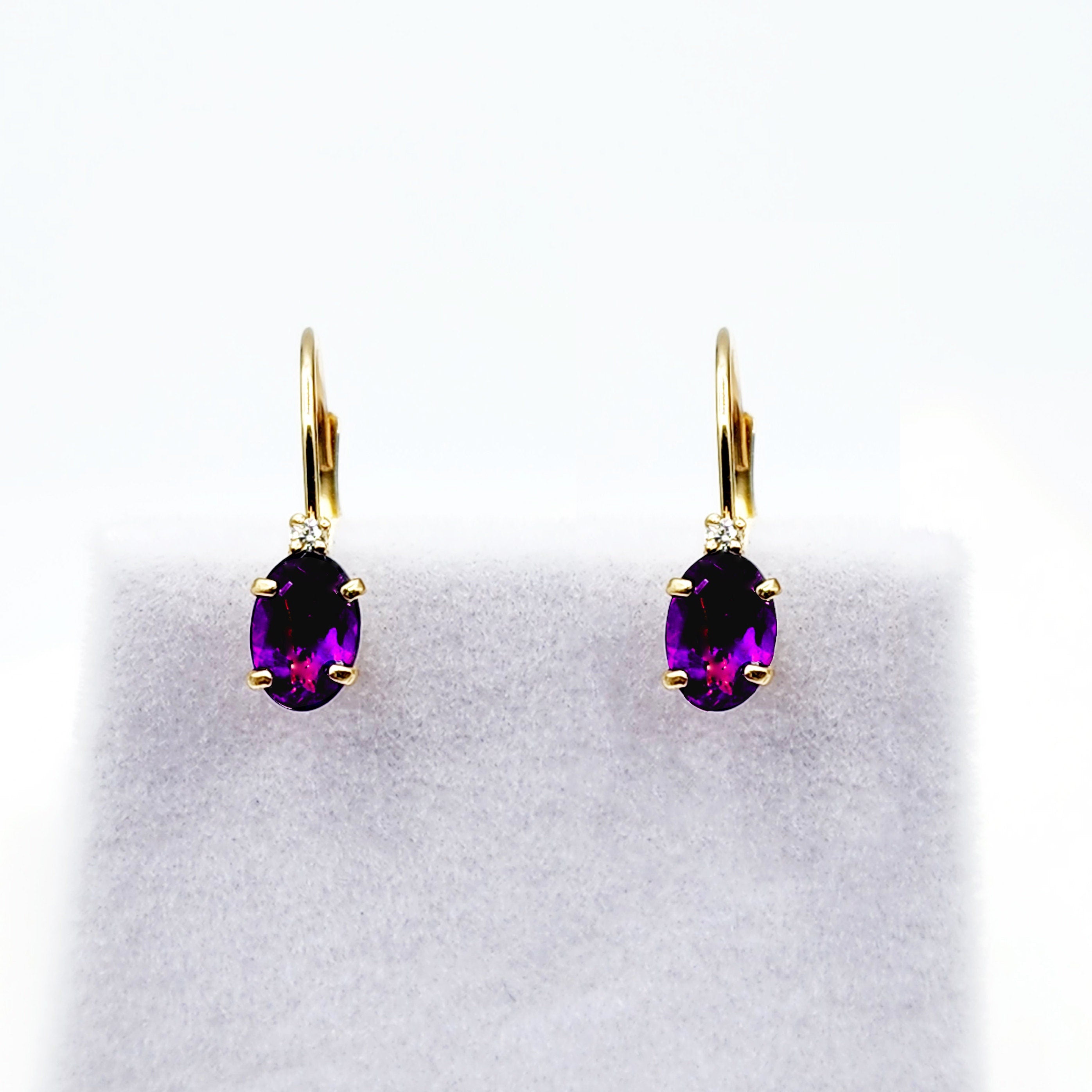14K Yellow Gold Leverback Amethyst Earrings, Gold Earrings with Genuine Gemstone 6x4mm and Diamonds, February Birthstone Gift for Her