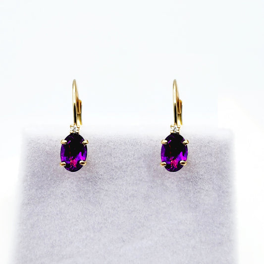 14K Yellow Gold Leverback Amethyst Earrings, Gold Earrings with Genuine Gemstone 6x4mm and Diamonds, February Birthstone Gift for Her