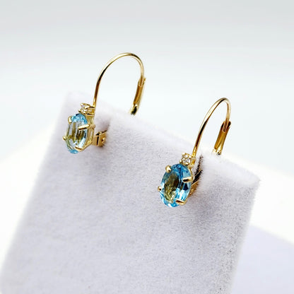 14K Yellow Gold Leverback Blue Topaz Earrings, Gold Earrings with Genuine Gemstone 6x4mm and Diamonds, December Birthstone Gift for Her