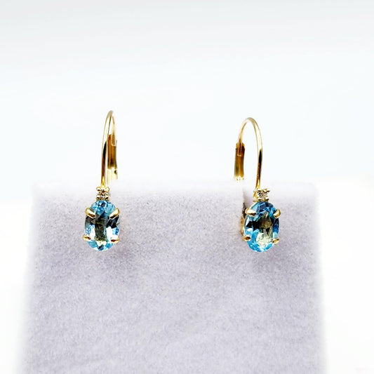 14K Yellow Gold Leverback Blue Topaz Earrings, Gold Earrings with Genuine Gemstone 6x4mm and Diamonds, December Birthstone Gift for Her