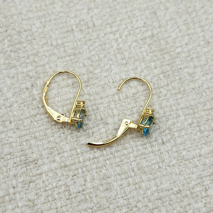 14K Yellow Gold Leverback Blue Topaz Earrings, Gold Earrings with Genuine Gemstone 6x4mm and Diamonds, December Birthstone Gift for Her