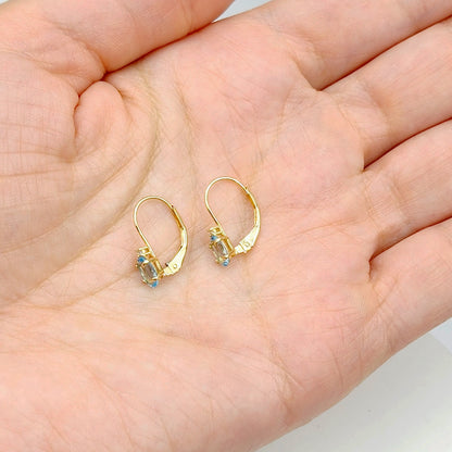 14K Yellow Gold Leverback Blue Topaz Earrings, Gold Earrings with Genuine Gemstone 6x4mm and Diamonds, December Birthstone Gift for Her