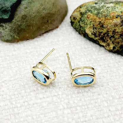 Gold Blue Topaz Bezel Stud Earrings, 14K Yellow Gold Genuine Blue Topaz 8x6mm Stud Earrings, Earrings For Women, Gift For Her