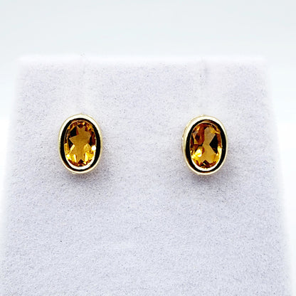 Gold Citrine Bezel Stud Earrings, 14K Yellow Gold Genuine Citrine 8x6mm Earrings, November Birthstone, Yellow Gemstone Earrings For Women