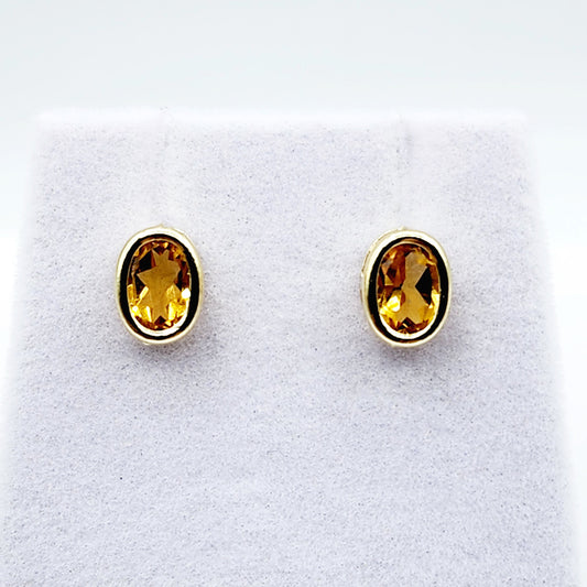 Gold Citrine Bezel Stud Earrings, 14K Yellow Gold Genuine Citrine 8x6mm Earrings, November Birthstone, Yellow Gemstone Earrings For Women