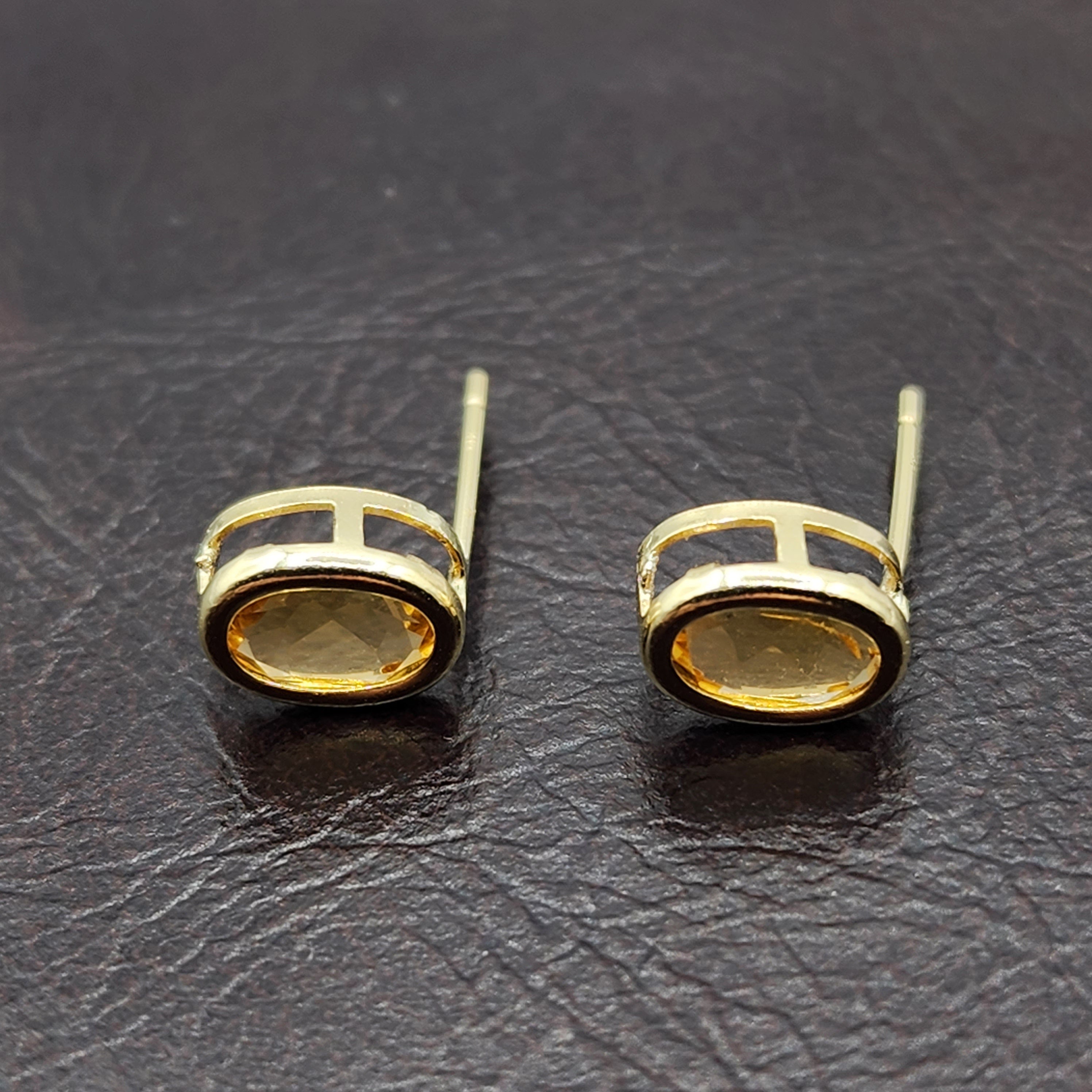 Gold Citrine Bezel Stud Earrings, 14K Yellow Gold Genuine Citrine 8x6mm Earrings, November Birthstone, Yellow Gemstone Earrings For Women