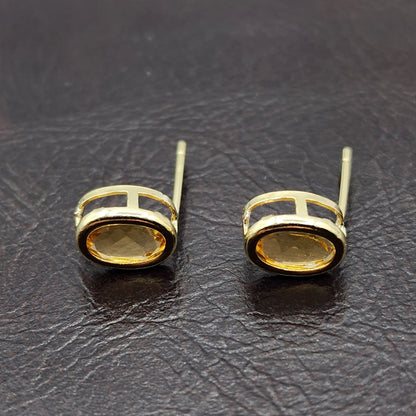 Gold Citrine Bezel Stud Earrings, 14K Yellow Gold Genuine Citrine 8x6mm Earrings, November Birthstone, Yellow Gemstone Earrings For Women