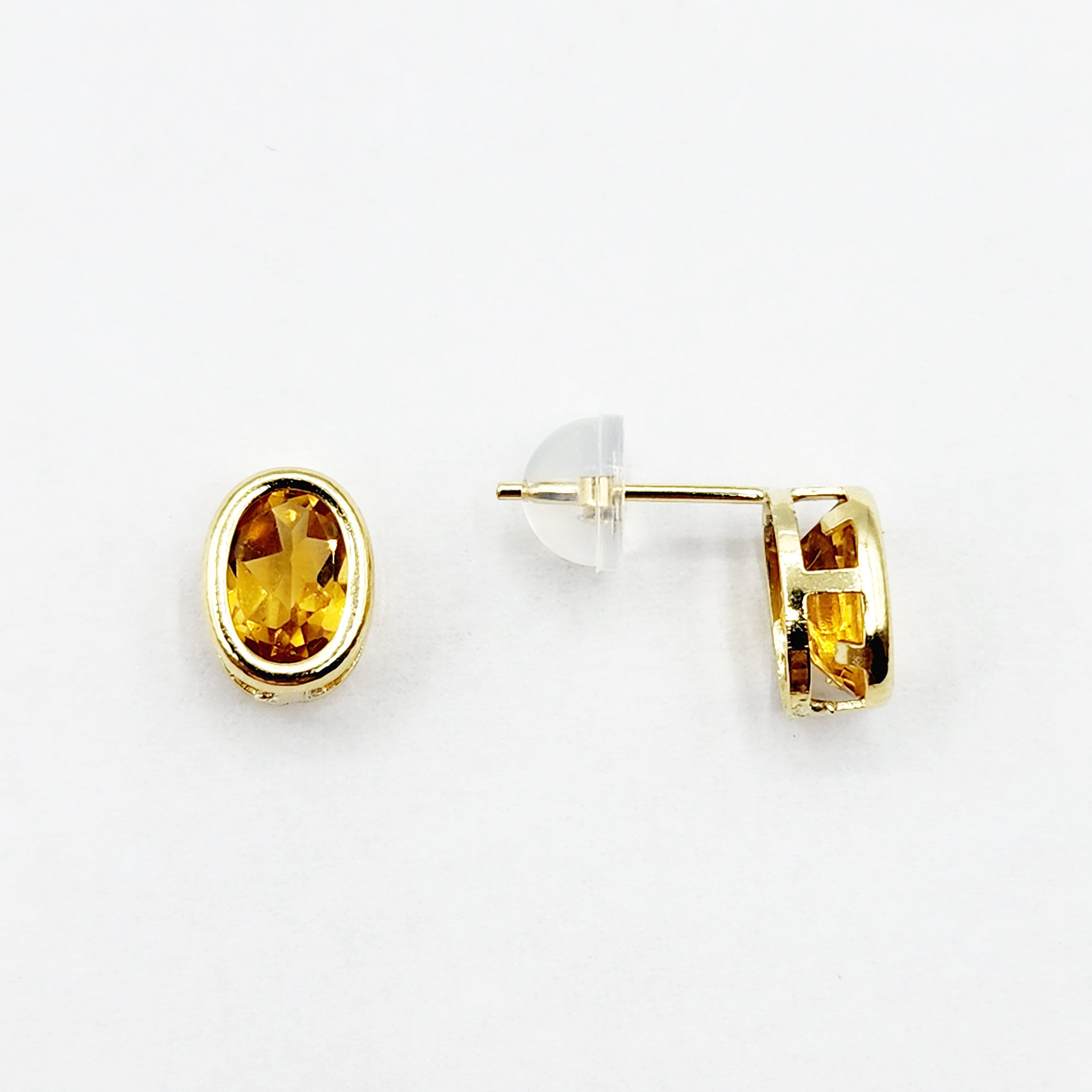 Gold Citrine Bezel Stud Earrings, 14K Yellow Gold Genuine Citrine 8x6mm Earrings, November Birthstone, Yellow Gemstone Earrings For Women