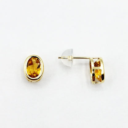 Gold Citrine Bezel Stud Earrings, 14K Yellow Gold Genuine Citrine 8x6mm Earrings, November Birthstone, Yellow Gemstone Earrings For Women
