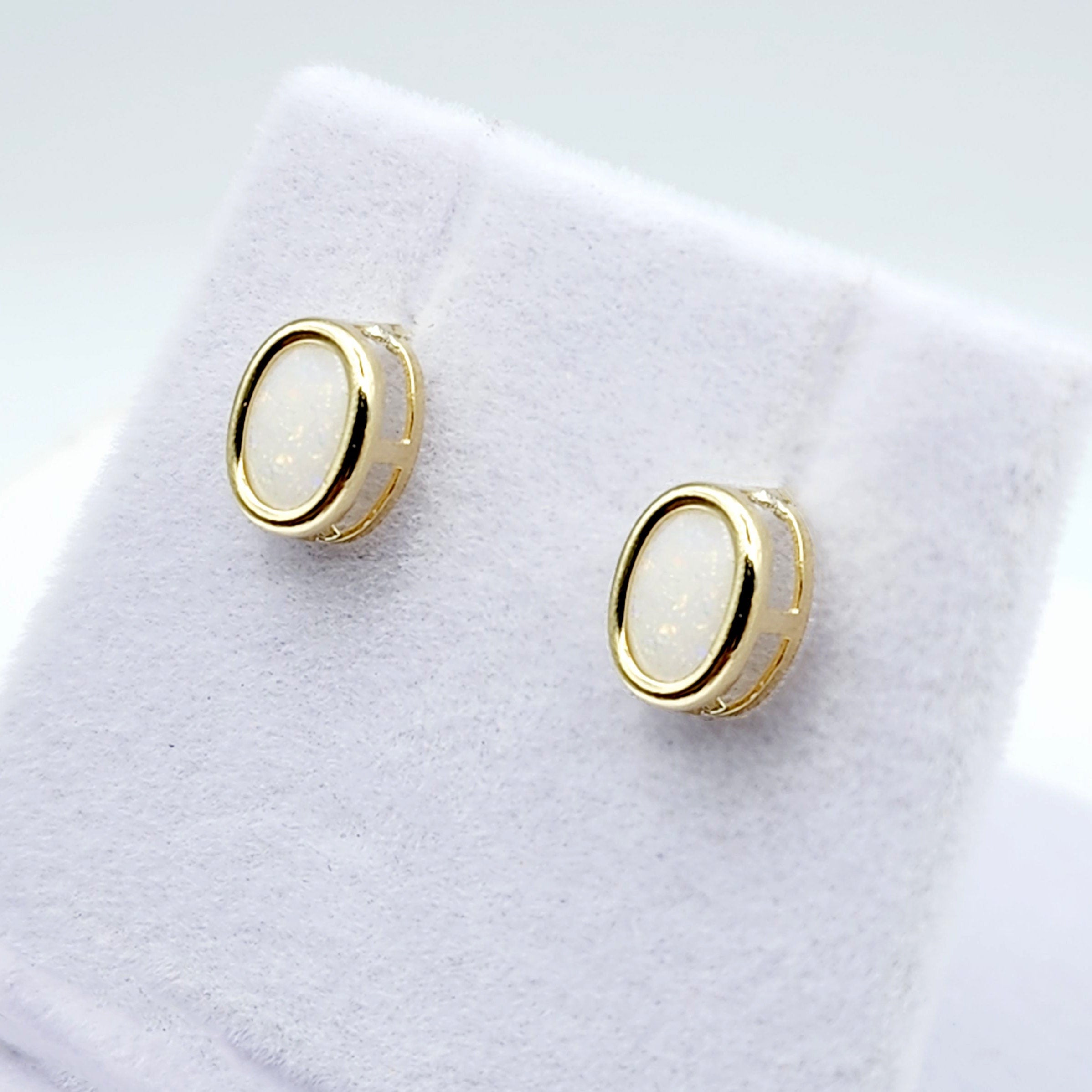 Gold Opal Bezel Stud Earrings, 14K Yellow Gold Genuine Opal 8x6mm Earrings, October Birthstone, White Fire Opal Gemstone Earrings For Women