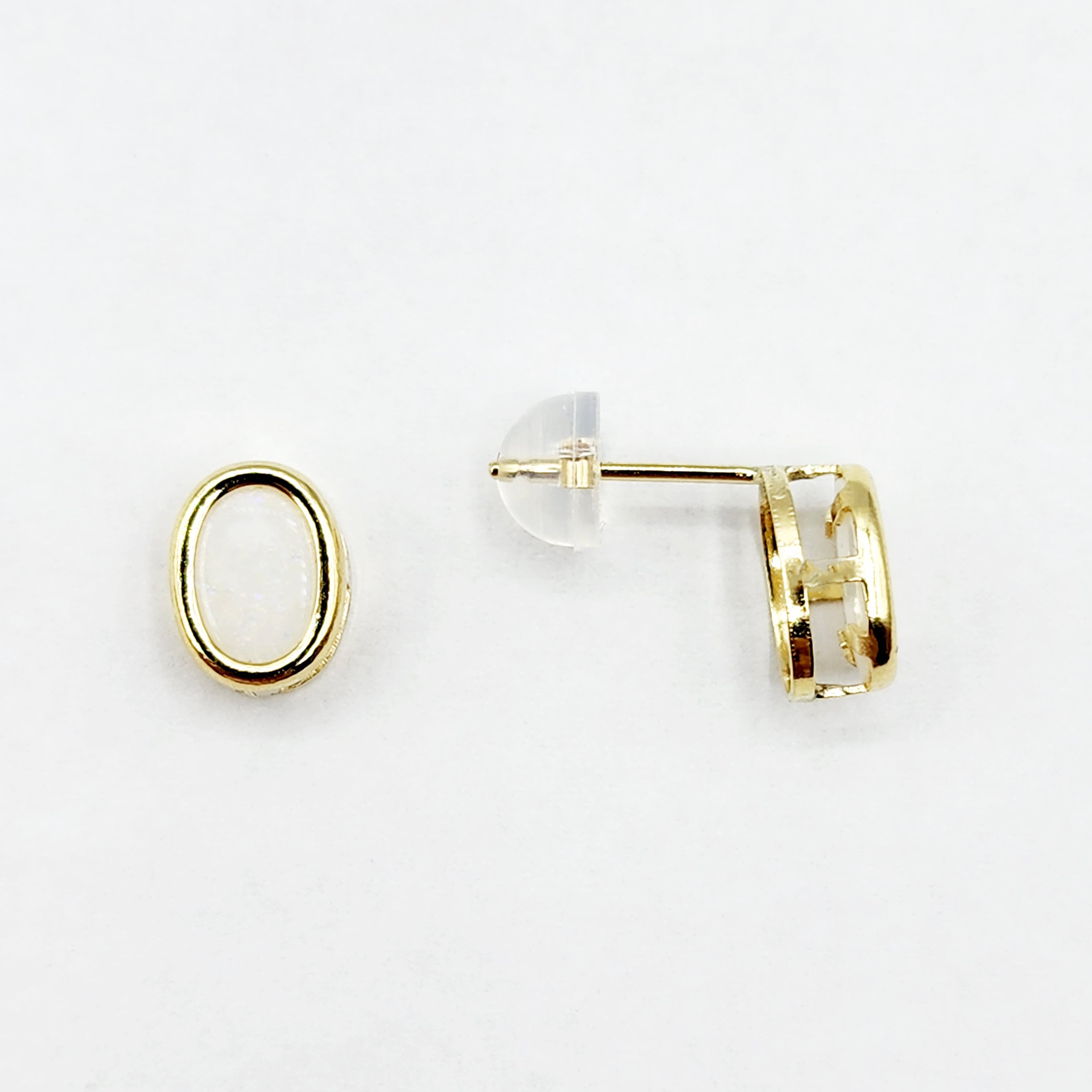 Gold Opal Bezel Stud Earrings, 14K Yellow Gold Genuine Opal 8x6mm Earrings, October Birthstone, White Fire Opal Gemstone Earrings For Women