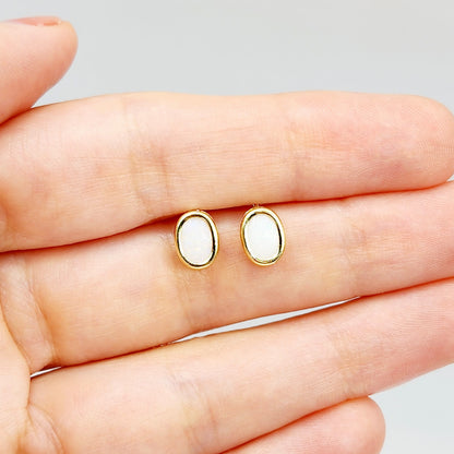 Gold Opal Bezel Stud Earrings, 14K Yellow Gold Genuine Opal 8x6mm Earrings, October Birthstone, White Fire Opal Gemstone Earrings For Women