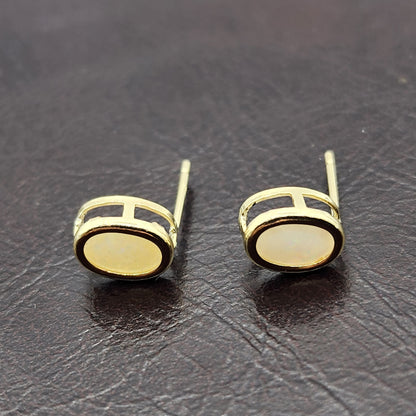 Gold Opal Bezel Stud Earrings, 14K Yellow Gold Genuine Opal 8x6mm Earrings, October Birthstone, White Fire Opal Gemstone Earrings For Women