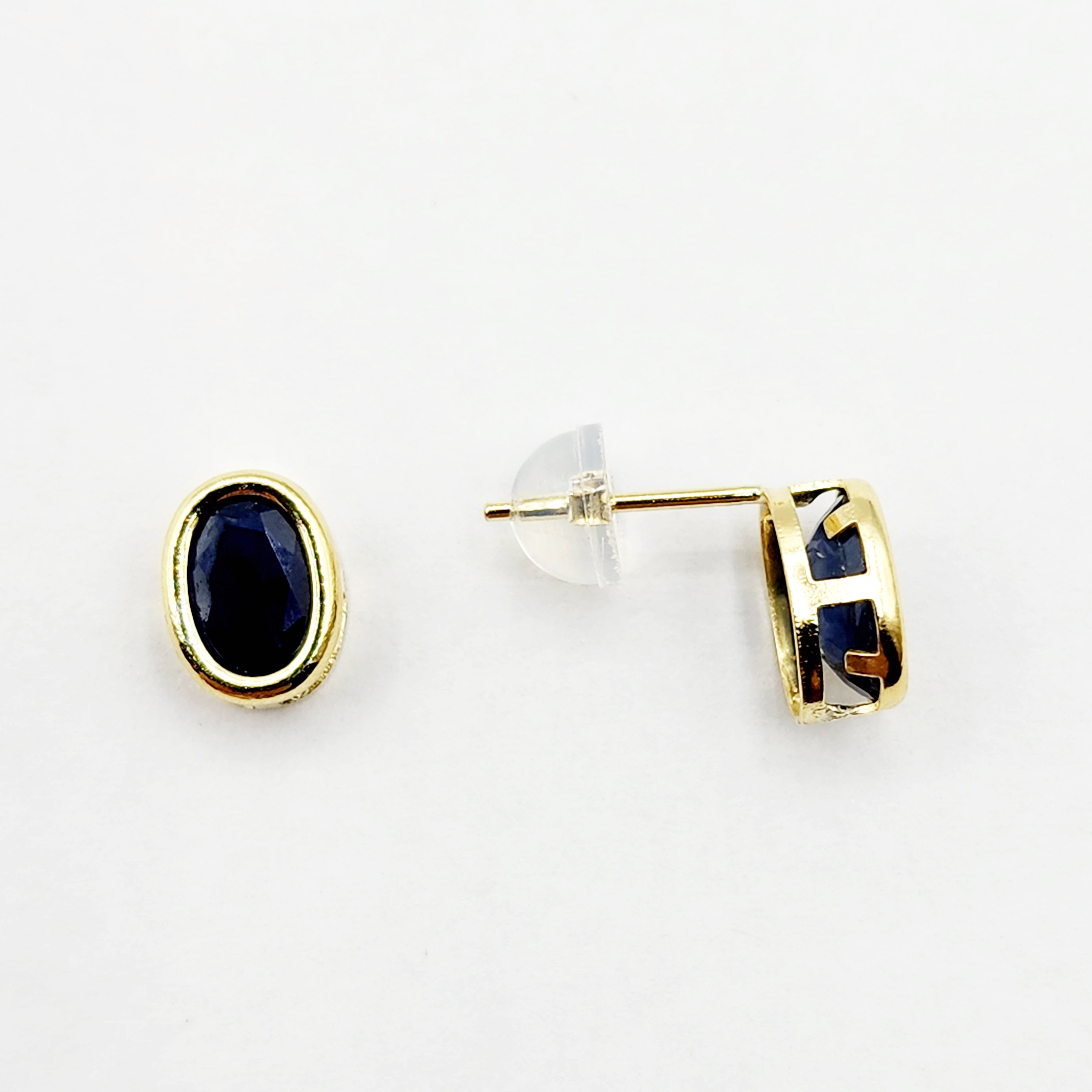 Gold Blue Sapphire Bezel Stud Earrings, 14K Yellow Gold Genuine Sapphire 8x6mm Earrings, September Birthstone, Blue Gem Earrings For Women