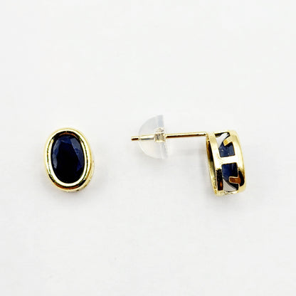 Gold Blue Sapphire Bezel Stud Earrings, 14K Yellow Gold Genuine Sapphire 8x6mm Earrings, September Birthstone, Blue Gem Earrings For Women