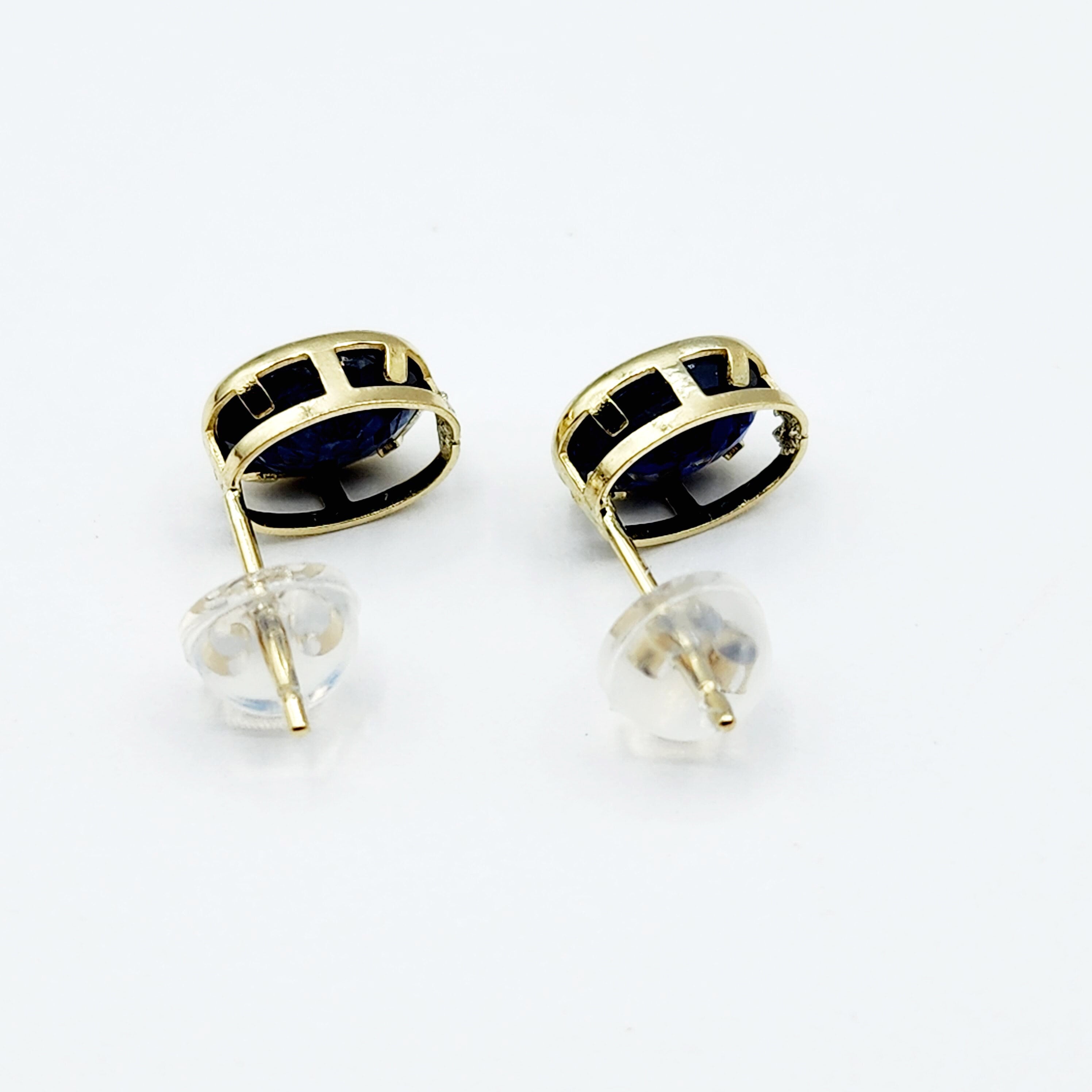 Gold Blue Sapphire Bezel Stud Earrings, 14K Yellow Gold Genuine Sapphire 8x6mm Earrings, September Birthstone, Blue Gem Earrings For Women