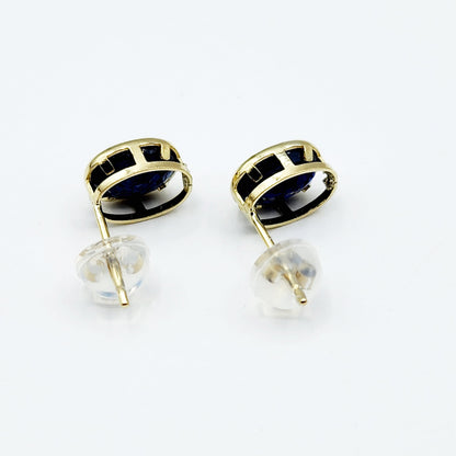 Gold Blue Sapphire Bezel Stud Earrings, 14K Yellow Gold Genuine Sapphire 8x6mm Earrings, September Birthstone, Blue Gem Earrings For Women