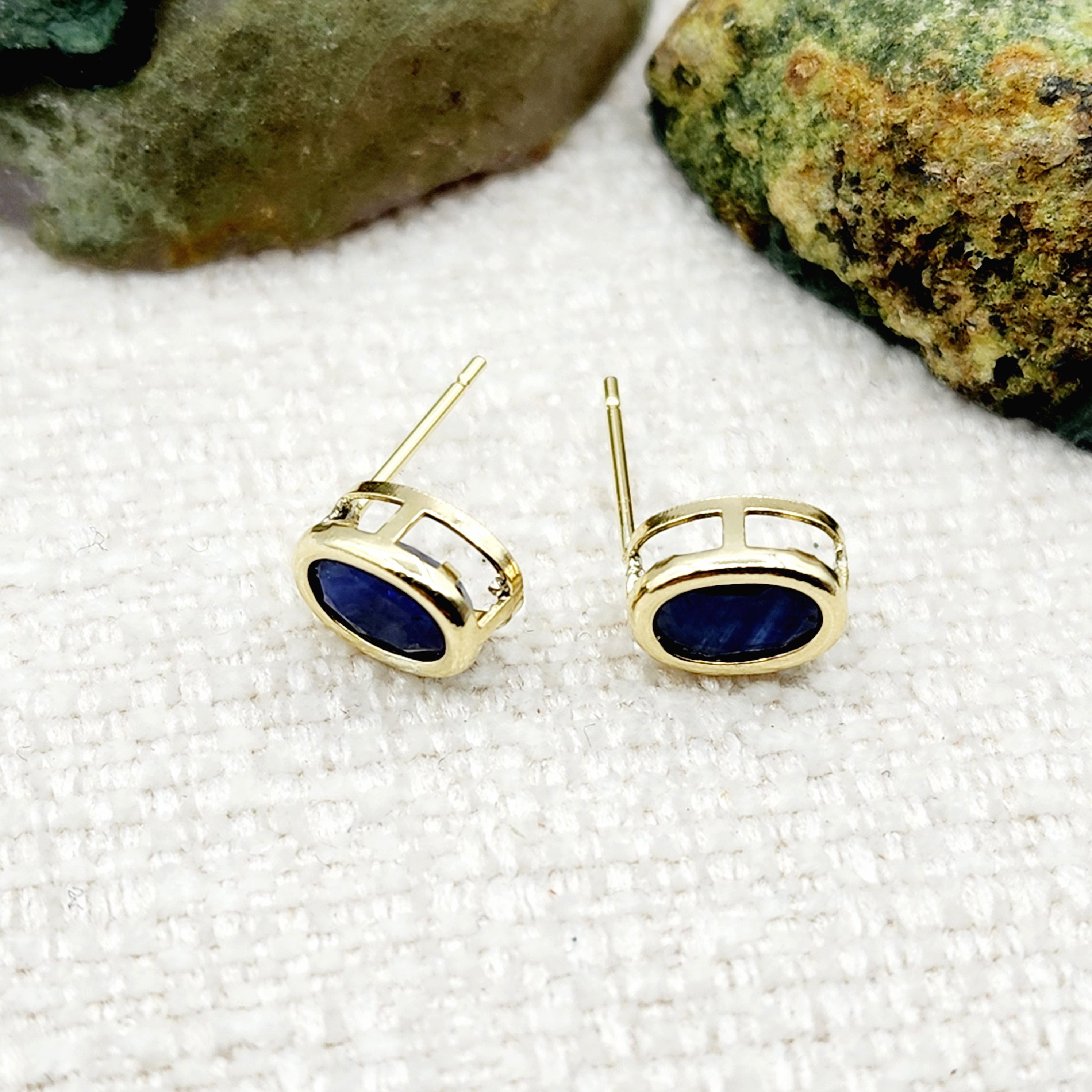 Gold Blue Sapphire Bezel Stud Earrings, 14K Yellow Gold Genuine Sapphire 8x6mm Earrings, September Birthstone, Blue Gem Earrings For Women