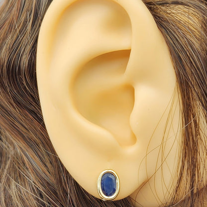 Gold Blue Sapphire Bezel Stud Earrings, 14K Yellow Gold Genuine Sapphire 8x6mm Earrings, September Birthstone, Blue Gem Earrings For Women