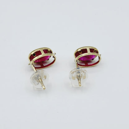 Gold Ruby Bezel Stud Earrings, 14K Yellow Gold Genuine Ruby 8x6mm Earrings, July Birthstone, Red Gemstone Earrings For Women