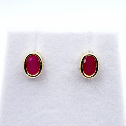 Gold Ruby Bezel Stud Earrings, 14K Yellow Gold Genuine Ruby 8x6mm Earrings, July Birthstone, Red Gemstone Earrings For Women