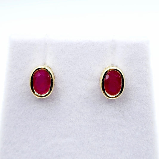 Gold Ruby Bezel Stud Earrings, 14K Yellow Gold Genuine Ruby 8x6mm Earrings, July Birthstone, Red Gemstone Earrings For Women