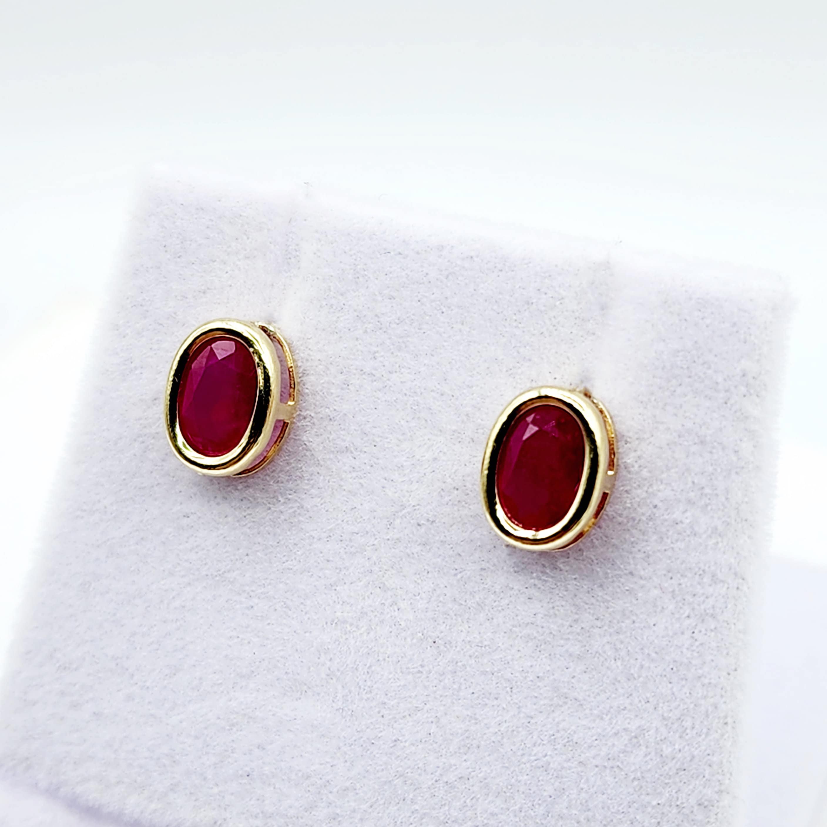 Gold Ruby Bezel Stud Earrings, 14K Yellow Gold Genuine Ruby 8x6mm Earrings, July Birthstone, Red Gemstone Earrings For Women