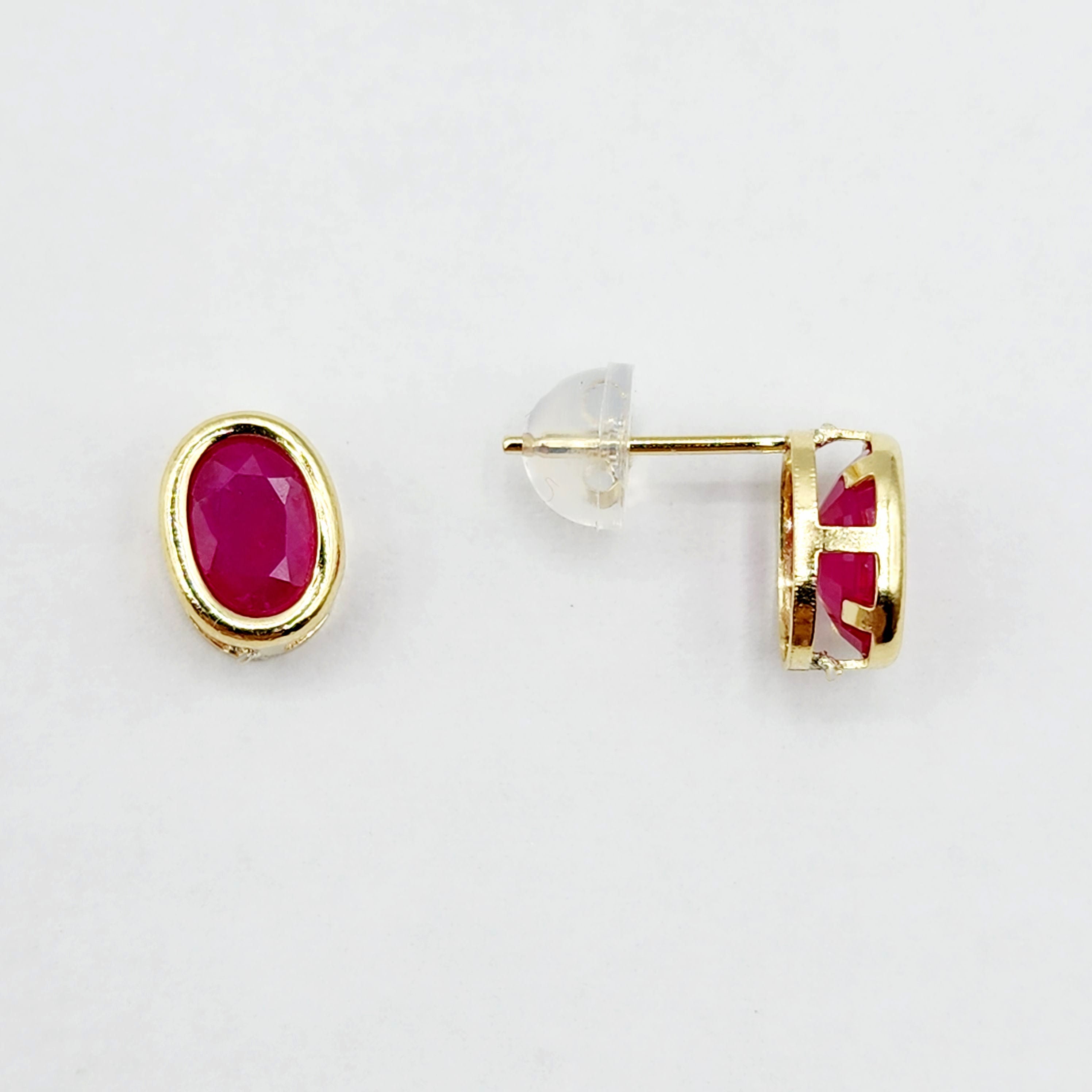 Gold Ruby Bezel Stud Earrings, 14K Yellow Gold Genuine Ruby 8x6mm Earrings, July Birthstone, Red Gemstone Earrings For Women