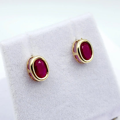 Gold Ruby Bezel Stud Earrings, 14K Yellow Gold Genuine Ruby 8x6mm Earrings, July Birthstone, Red Gemstone Earrings For Women