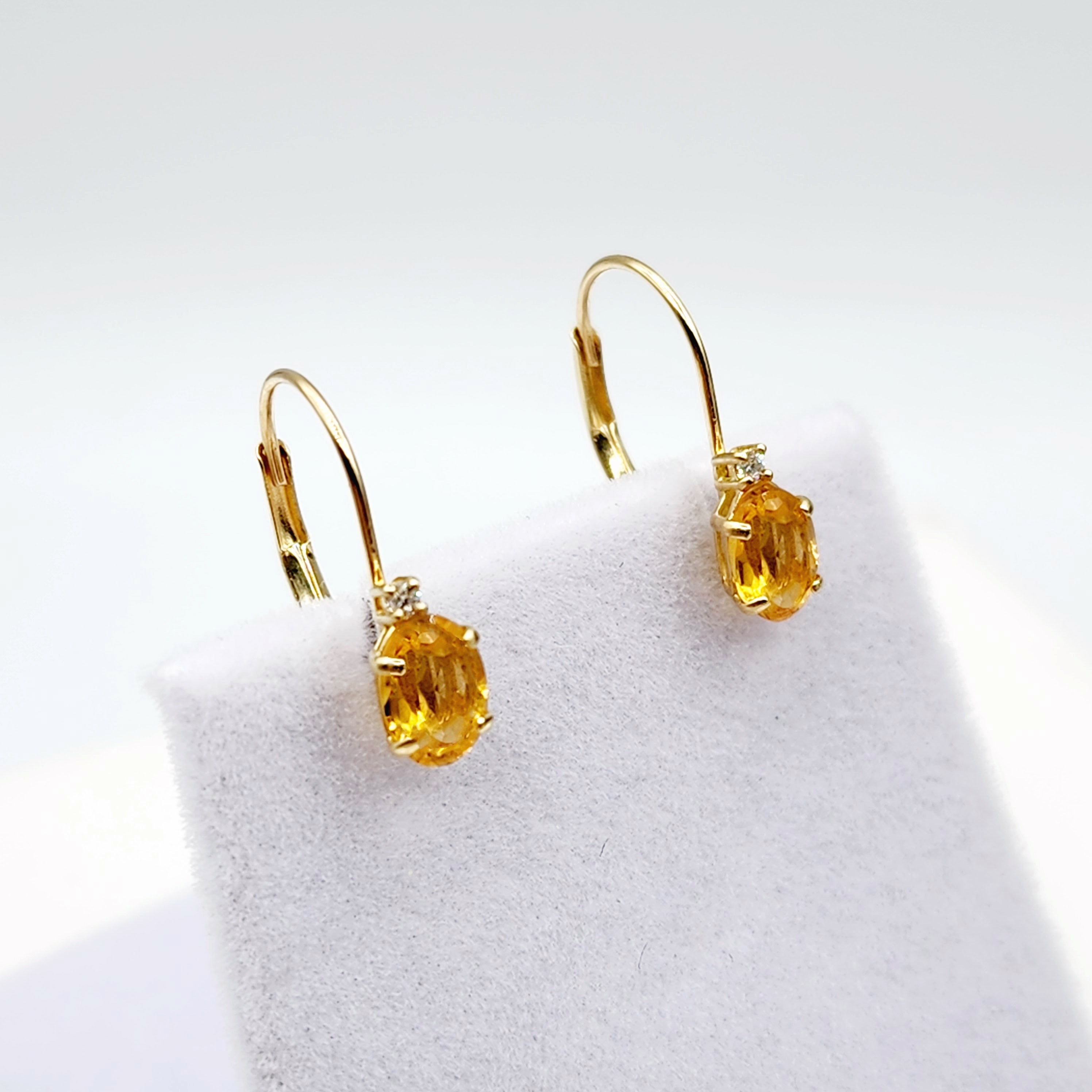 14K Yellow Gold Leverback Citrine Earrings, Gold Earrings with Genuine Gemstone 6x4mm and Diamonds, November Birthstone Gift for Her