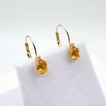 14K Yellow Gold Leverback Citrine Earrings, Gold Earrings with Genuine Gemstone 6x4mm and Diamonds, November Birthstone Gift for Her
