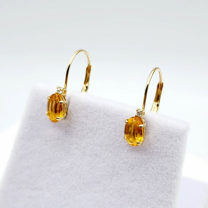 14K Yellow Gold Leverback Citrine Earrings, Gold Earrings with Genuine Gemstone 6x4mm and Diamonds, November Birthstone Gift for Her