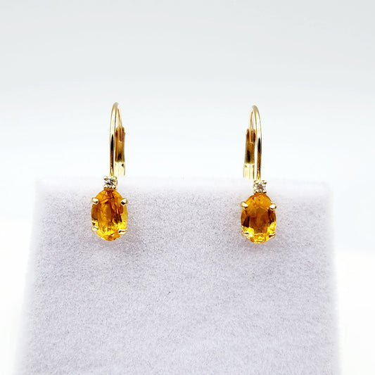 14K Yellow Gold Leverback Citrine Earrings, Gold Earrings with Genuine Gemstone 6x4mm and Diamonds, November Birthstone Gift for Her
