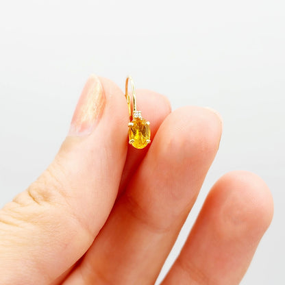 14K Yellow Gold Leverback Citrine Earrings, Gold Earrings with Genuine Gemstone 6x4mm and Diamonds, November Birthstone Gift for Her