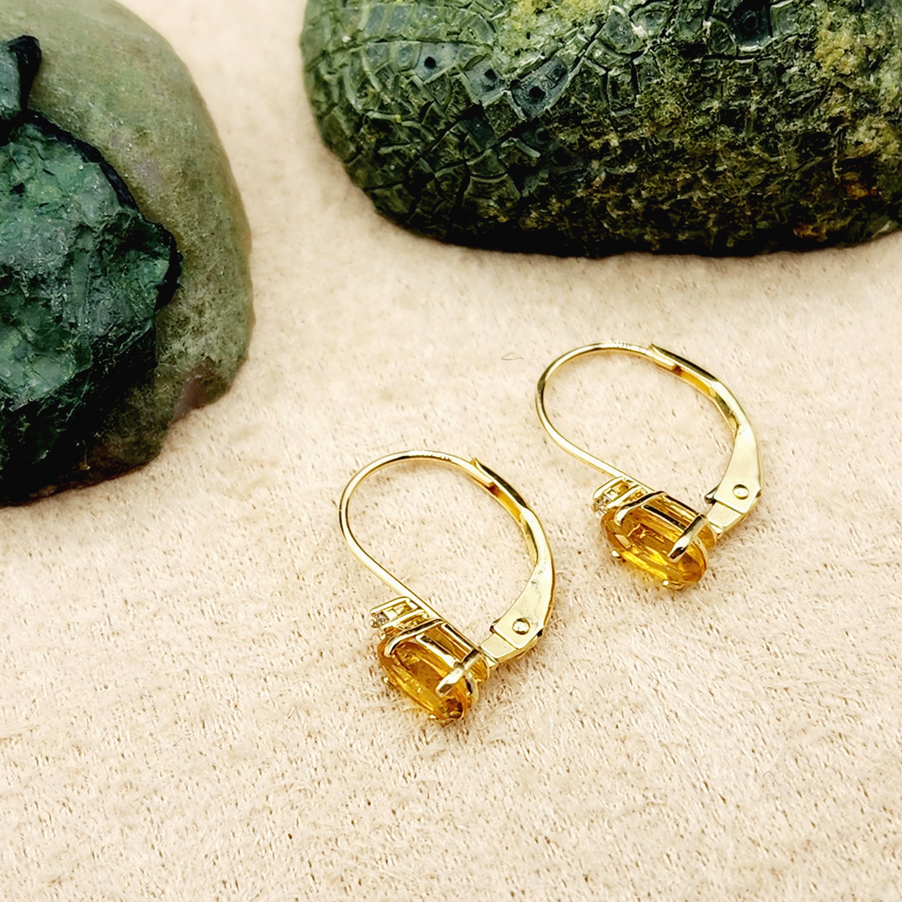 14K Yellow Gold Leverback Citrine Earrings, Gold Earrings with Genuine Gemstone 6x4mm and Diamonds, November Birthstone Gift for Her
