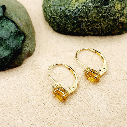 14K Yellow Gold Leverback Citrine Earrings, Gold Earrings with Genuine Gemstone 6x4mm and Diamonds, November Birthstone Gift for Her