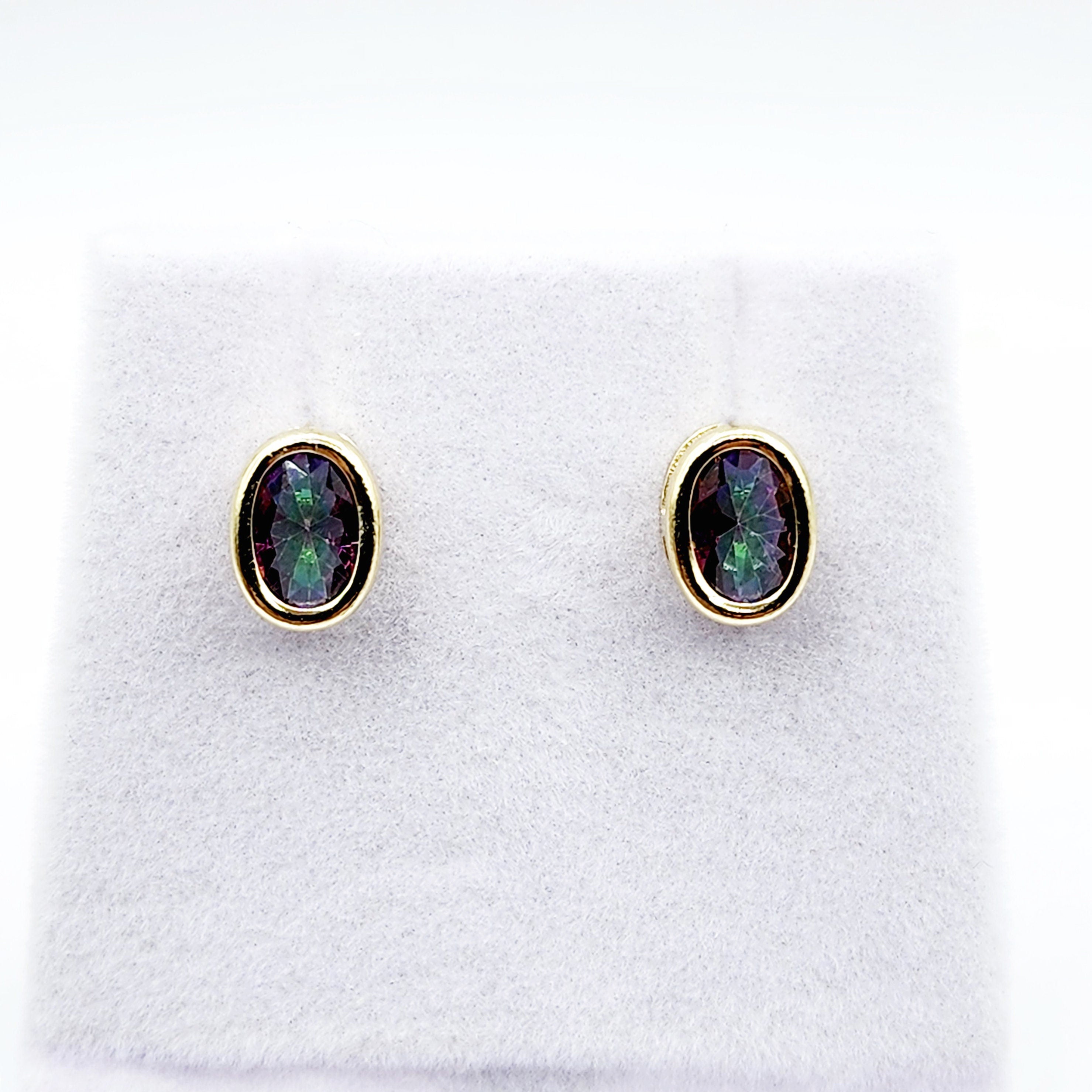 Gold Mystic Topaz Bezel Stud Earrings, 14K Yellow Gold Genuine Mystic Topaz 8x6mm Earrings, Bezel Gemstone Earrings For Women