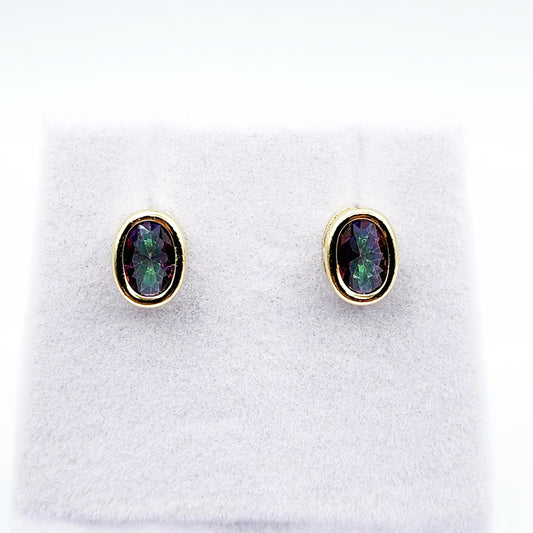 Gold Mystic Topaz Bezel Stud Earrings, 14K Yellow Gold Genuine Mystic Topaz 8x6mm Earrings, Bezel Gemstone Earrings For Women