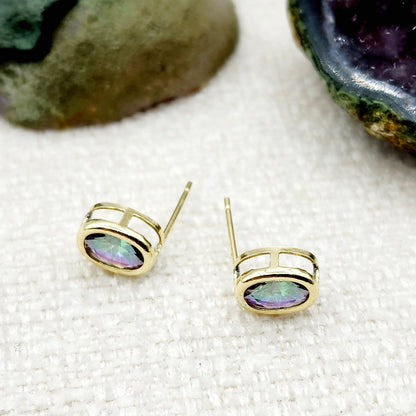 Gold Mystic Topaz Bezel Stud Earrings, 14K Yellow Gold Genuine Mystic Topaz 8x6mm Earrings, Bezel Gemstone Earrings For Women