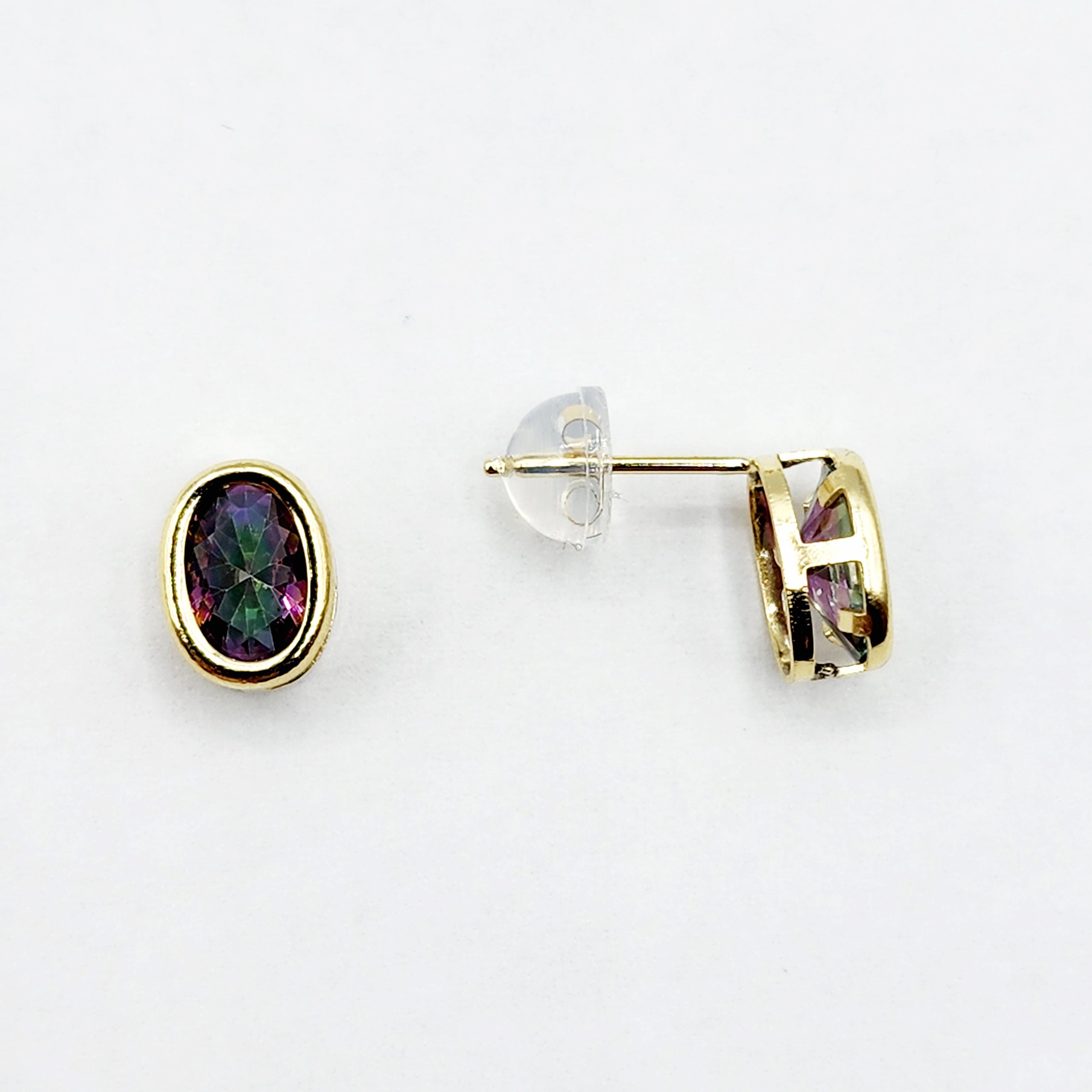 Gold Mystic Topaz Bezel Stud Earrings, 14K Yellow Gold Genuine Mystic Topaz 8x6mm Earrings, Bezel Gemstone Earrings For Women