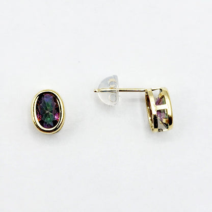 Gold Mystic Topaz Bezel Stud Earrings, 14K Yellow Gold Genuine Mystic Topaz 8x6mm Earrings, Bezel Gemstone Earrings For Women
