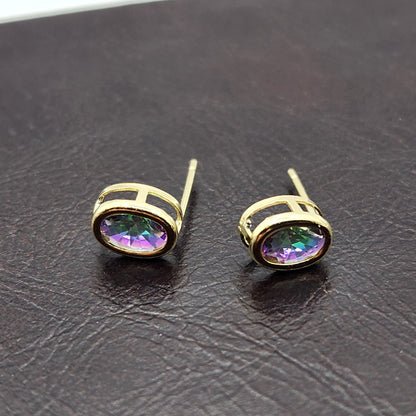 Gold Mystic Topaz Bezel Stud Earrings, 14K Yellow Gold Genuine Mystic Topaz 8x6mm Earrings, Bezel Gemstone Earrings For Women