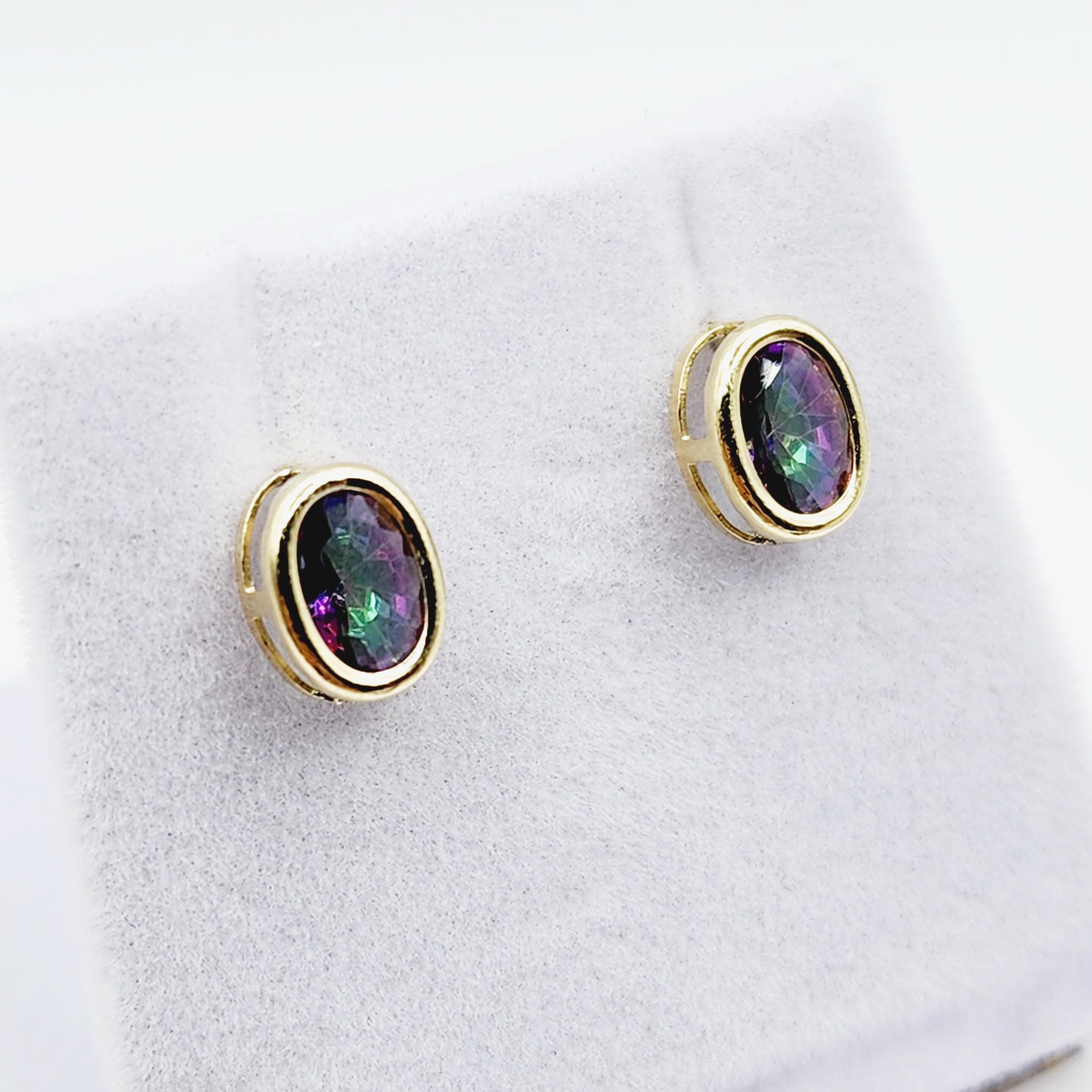 Gold Mystic Topaz Bezel Stud Earrings, 14K Yellow Gold Genuine Mystic Topaz 8x6mm Earrings, Bezel Gemstone Earrings For Women