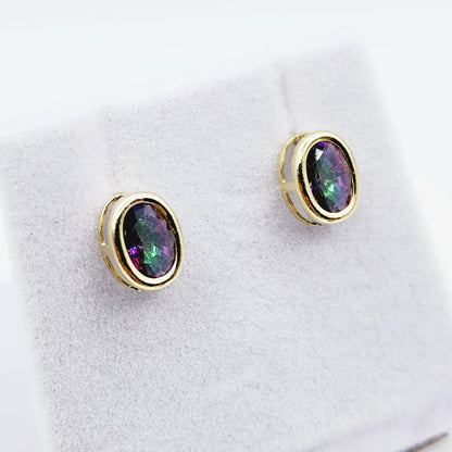 Gold Mystic Topaz Bezel Stud Earrings, 14K Yellow Gold Genuine Mystic Topaz 8x6mm Earrings, Bezel Gemstone Earrings For Women