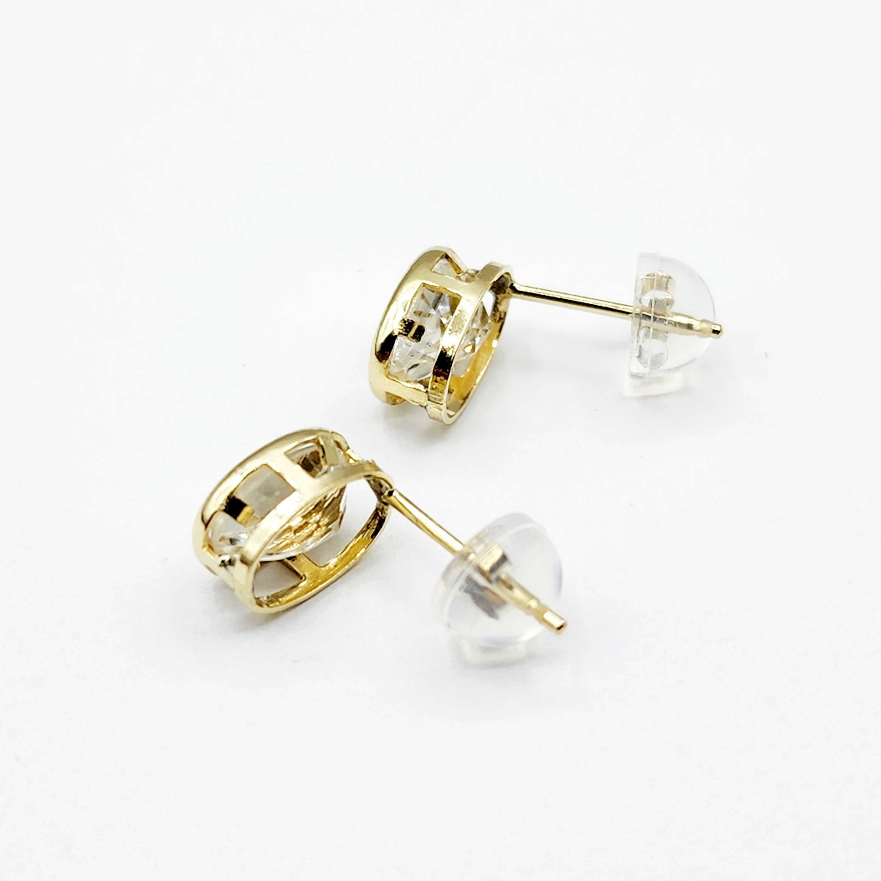 Gold White Topaz Bezel Earrings, 14K Yellow Gold Genuine White Topaz 8x6mm Earrings, Bezel Earrings For Women, Precious Stone Earrings