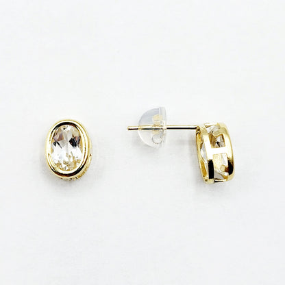 Gold White Topaz Bezel Earrings, 14K Yellow Gold Genuine White Topaz 8x6mm Earrings, Bezel Earrings For Women, Precious Stone Earrings